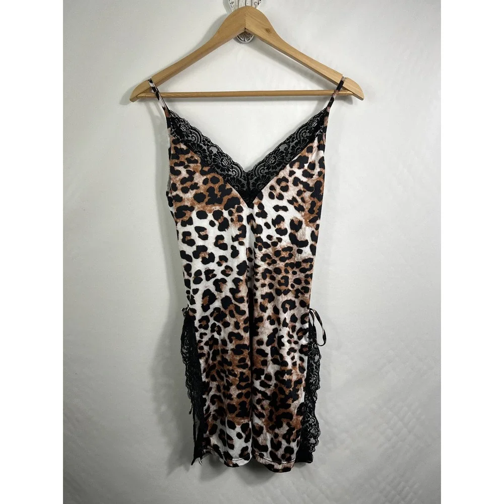 Avidlove Chemise Women S Brown Leopard Print Lace Trim Side Slit Lingerie Slip‎
